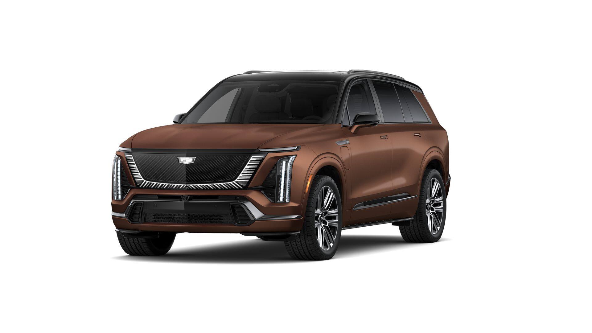 2027 Cadillac VISTIQ Platinum in Adobe Frost — front three-quarter view