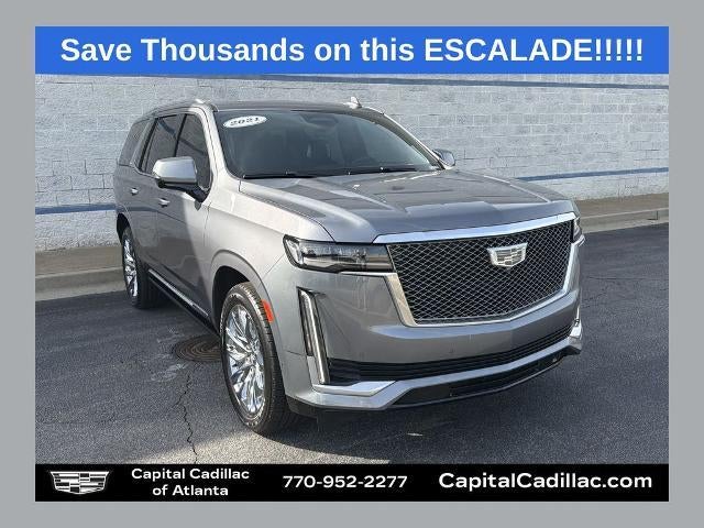 2021 Cadillac Escalade Premium Luxury Platinum in Satin Steel Metallic — front three-quarter view